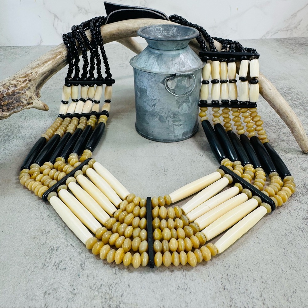 Vintage Artisan Handmade Bone, Glass and Horn Tribal Necklace 18-20 in. - Picture 10 of 15